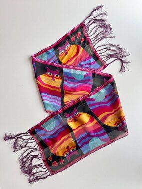 Vintage LAUREL BURCH Cat Silk Habotai Fringed 66" x 10" Rectangle Scarf